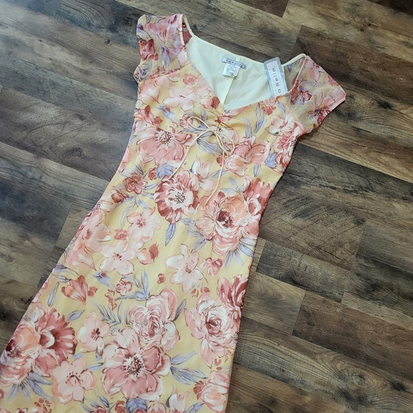 Vintage La Belle Y2K Yellow Floral Sheer Midi Slip Dress Size 9 - Picture 2 of 9